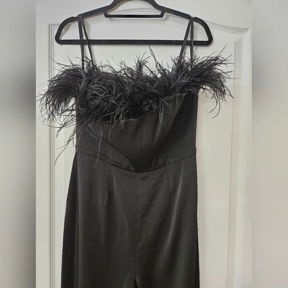 Ieena for Mac DuggalBlack Strapless Jumpsuit with Feather Trim 68146 SZ  6 NEW - Picture 4 of 11